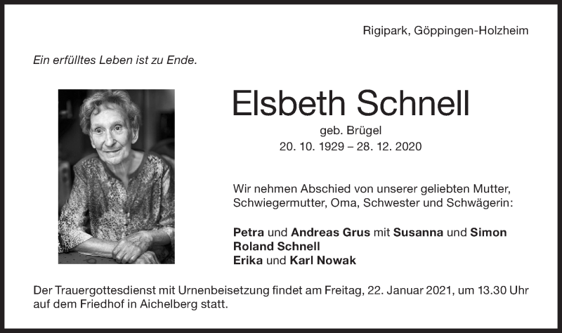  Traueranzeige für Elsbeth Schnell vom 19.01.2021 aus NWZ Neue Württembergische Zeitung
