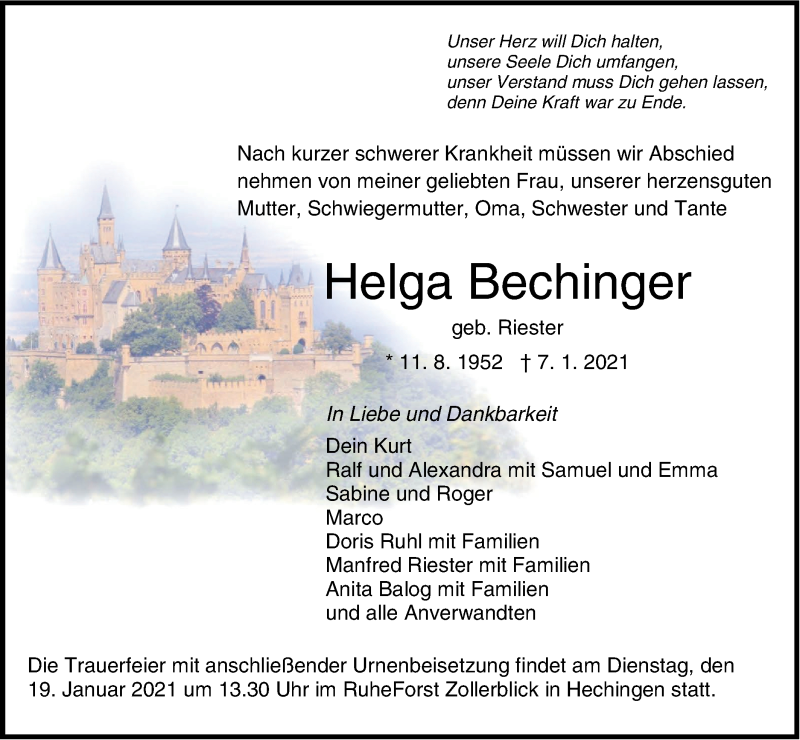  Traueranzeige für Helga Bechinger vom 12.01.2021 aus Metzinger-Uracher Volksblatt