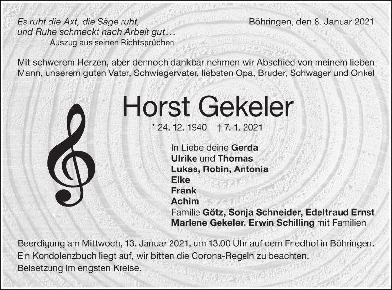  Traueranzeige für Horst Gekeler vom 12.01.2021 aus Metzinger-Uracher Volksblatt