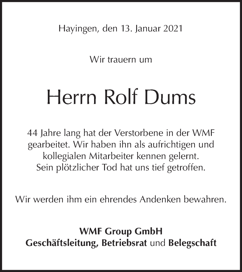  Traueranzeige für Rolf Dums vom 13.01.2021 aus Alb-Bote/Metzinger-Uracher Volksblatt