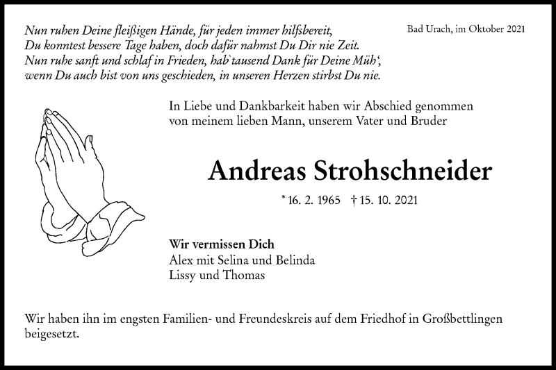  Traueranzeige für Andreas Strohschneider vom 23.10.2021 aus Metzinger-Uracher Volksblatt