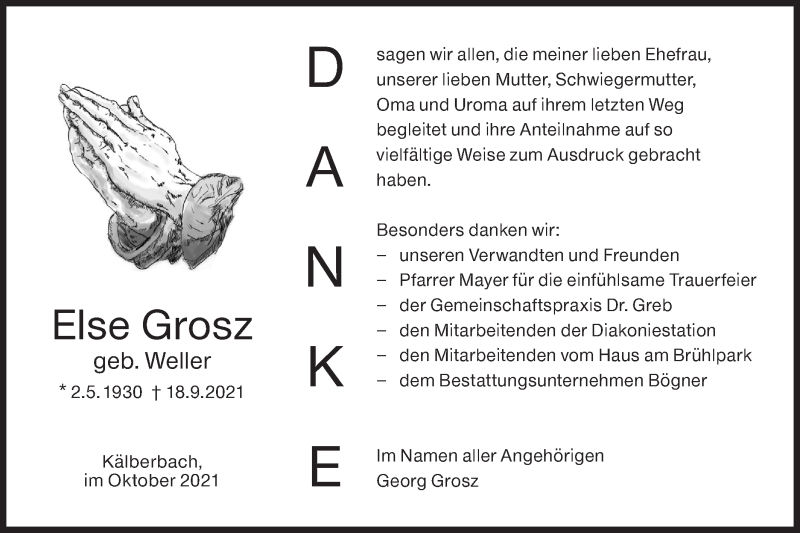  Traueranzeige für Else Grosz vom 16.10.2021 aus Hohenloher Tagblatt