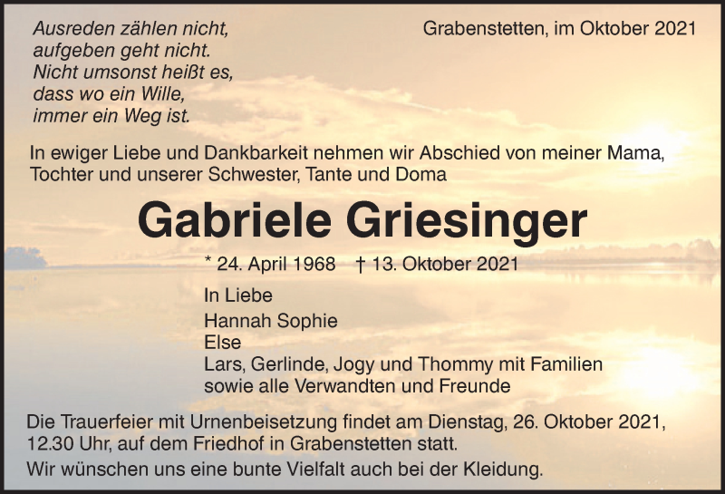  Traueranzeige für Gabriele Griesinger vom 20.10.2021 aus Metzinger-Uracher Volksblatt