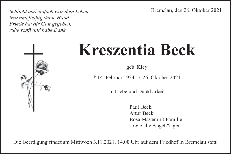  Traueranzeige für Kreszentia Beck vom 30.10.2021 aus Metzinger-Uracher Volksblatt