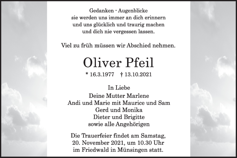  Traueranzeige für Oliver Pfeil vom 19.10.2021 aus Alb-Bote/Metzinger-Uracher Volksblatt