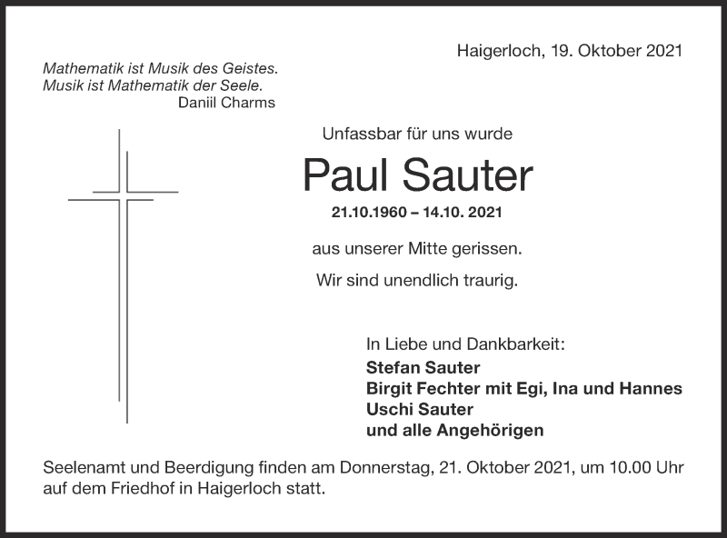  Traueranzeige für Paul Sauter vom 19.10.2021 aus Metzinger-Uracher Volksblatt