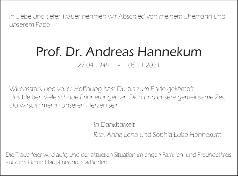  Traueranzeige für Andreas Hannekum vom 13.11.2021 aus SÜDWEST PRESSE Ausgabe Ulm/Neu-Ulm