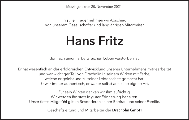  Traueranzeige für Hans Fritz vom 20.11.2021 aus Metzinger-Uracher Volksblatt