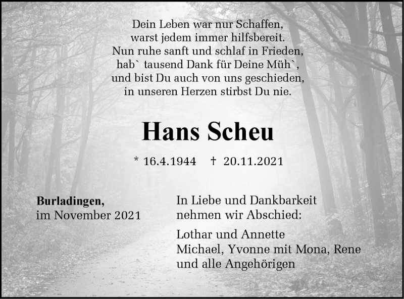 Traueranzeige für Hans Scheu vom 24.11.2021 aus Metzinger-Uracher Volksblatt