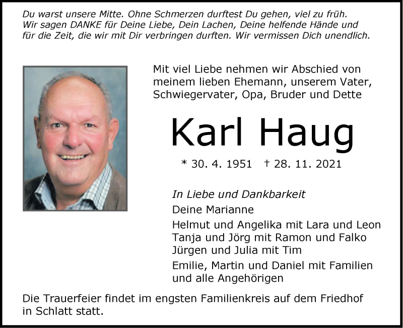  Traueranzeige für Karl Haug vom 01.12.2021 aus Metzinger-Uracher Volksblatt