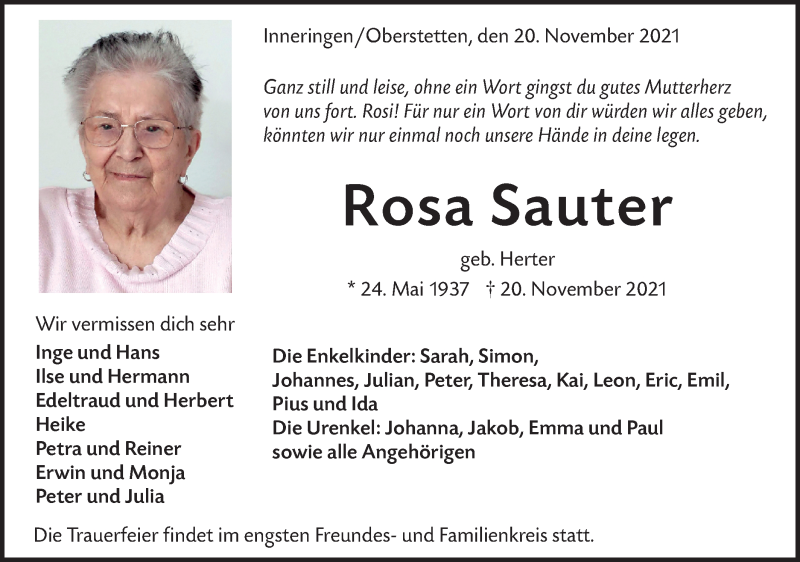  Traueranzeige für Rosa Sauter vom 24.11.2021 aus Alb-Bote/Metzinger-Uracher Volksblatt