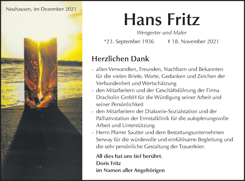  Traueranzeige für Hans Fritz vom 09.12.2021 aus Metzinger-Uracher Volksblatt