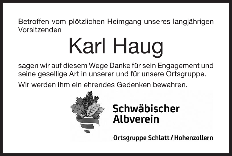  Traueranzeige für Karl Haug vom 02.12.2021 aus Metzinger-Uracher Volksblatt