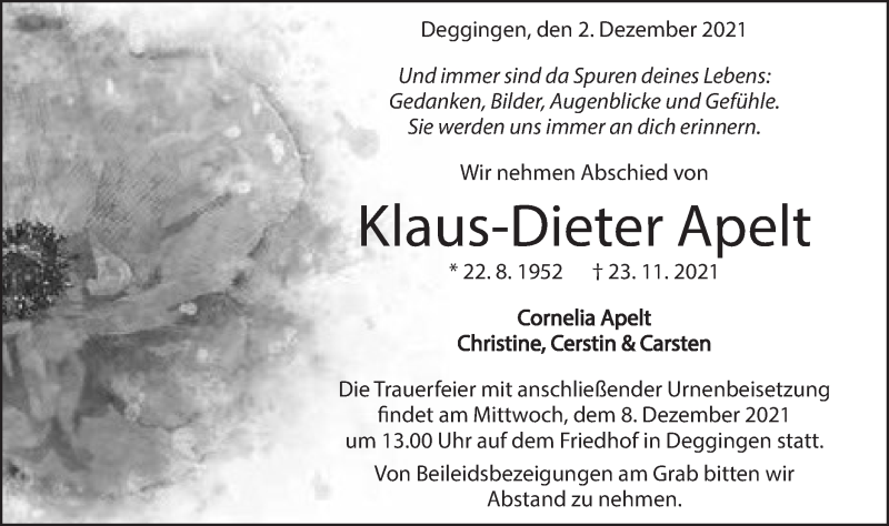  Traueranzeige für Klaus-Dieter Apelt vom 02.12.2021 aus Geislinger Zeitung