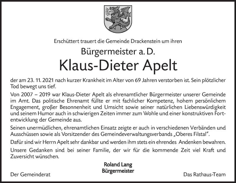  Traueranzeige für Klaus-Dieter Apelt vom 04.12.2021 aus SÜDWEST PRESSE Ausgabe Ulm/Neu-Ulm