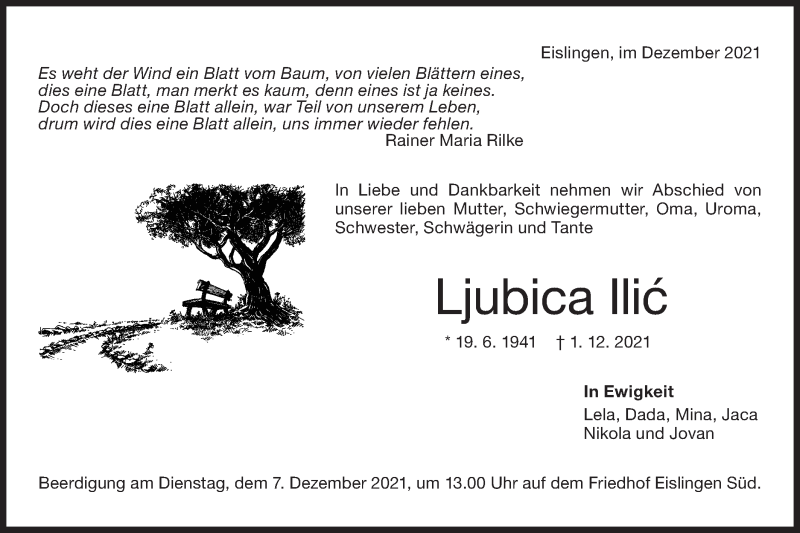 Traueranzeige für Ljubica llic vom 04.12.2021 aus NWZ Neue Württembergische Zeitung