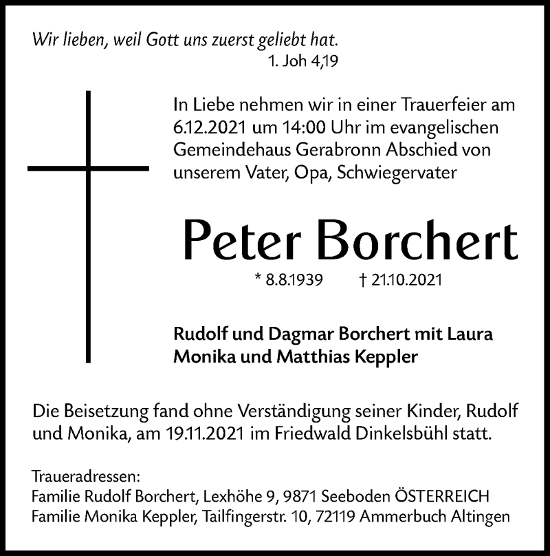  Traueranzeige für Peter Borchert vom 04.12.2021 aus Hohenloher Tagblatt