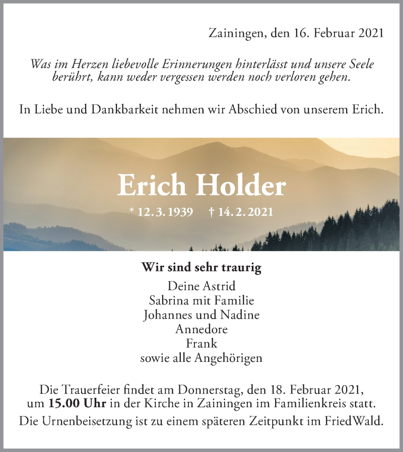  Traueranzeige für Erich Holder vom 16.02.2021 aus Alb-Bote/Metzinger-Uracher Volksblatt