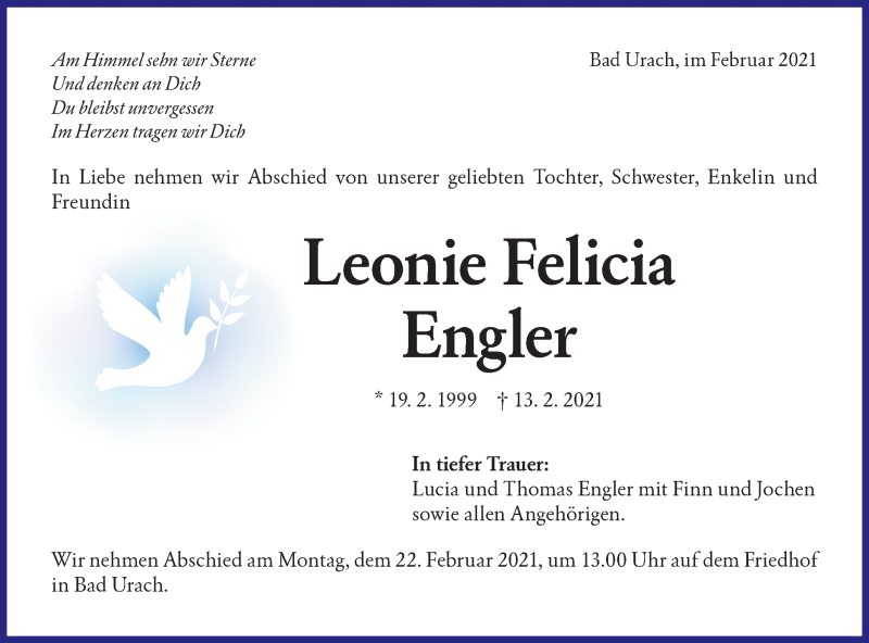  Traueranzeige für Leonie Felicia Engler vom 20.02.2021 aus Metzinger-Uracher Volksblatt