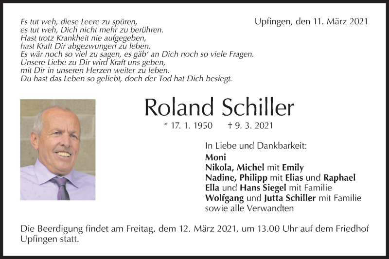  Traueranzeige für Roland Schiller vom 11.03.2021 aus Metzinger-Uracher Volksblatt