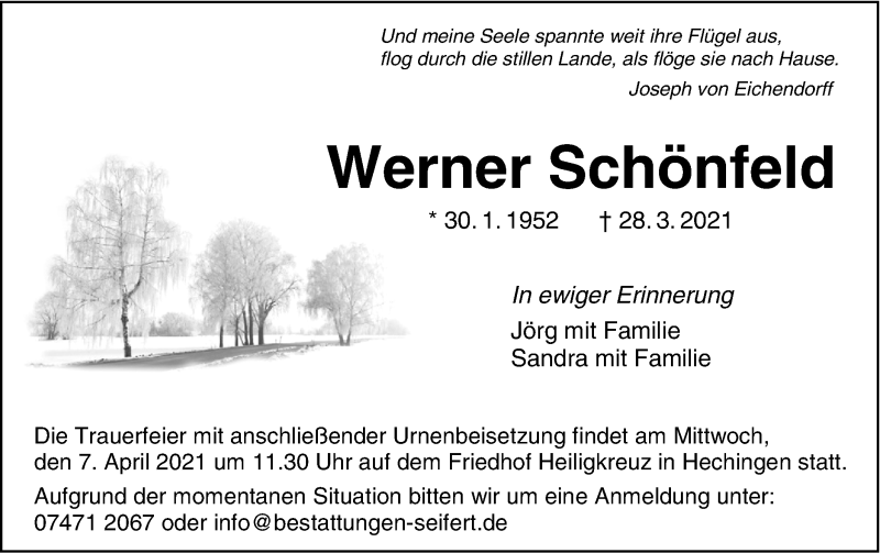  Traueranzeige für Werner Schönfeld vom 01.04.2021 aus Metzinger-Uracher Volksblatt