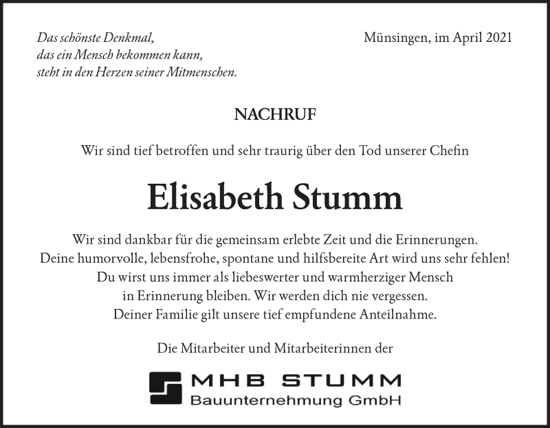  Traueranzeige für Elisabeth Stumm vom 14.04.2021 aus Alb-Bote/Metzinger-Uracher Volksblatt