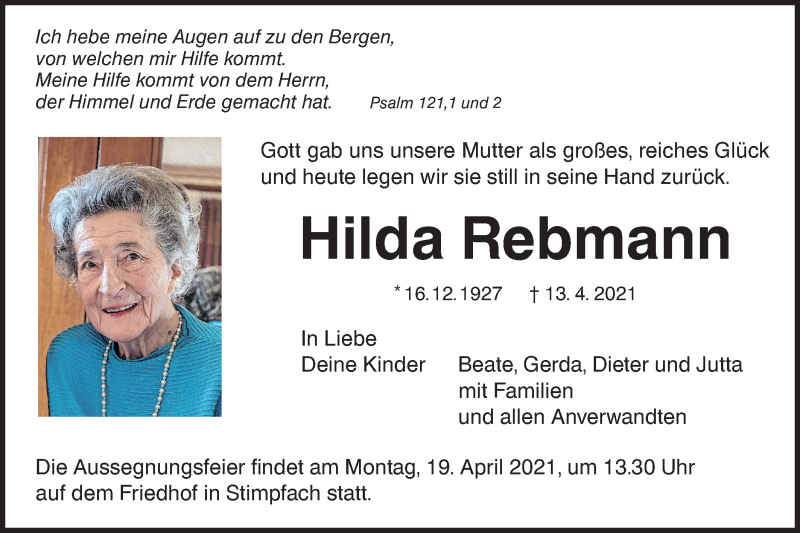  Traueranzeige für Hilda Rebmann vom 16.04.2021 aus Hohenloher Tagblatt