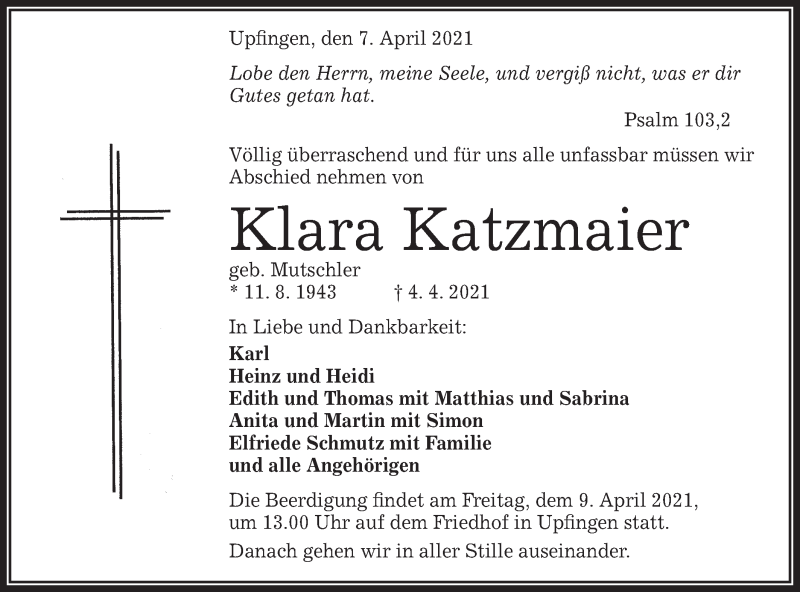  Traueranzeige für Klara Katzmaier vom 07.04.2021 aus Metzinger-Uracher Volksblatt
