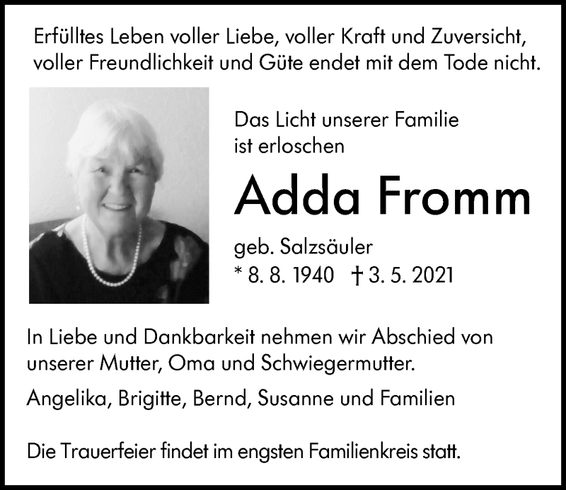  Traueranzeige für Adda Fromm vom 06.05.2021 aus Alb-Bote/Metzinger-Uracher Volksblatt