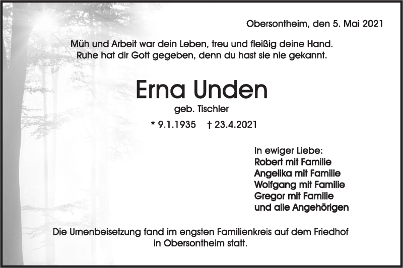  Traueranzeige für Erna Unden vom 06.05.2021 aus Haller Tagblatt