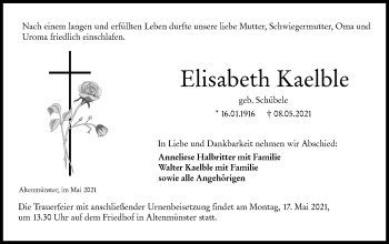 Traueranzeige von Elisabeth Kaelble von Hohenloher Tagblatt