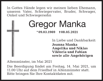 Traueranzeige von Gregor Manka von Hohenloher Tagblatt