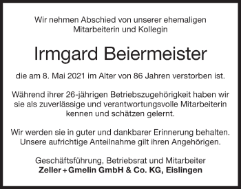 Traueranzeige von Irmgard Beiermeister von NWZ Neue Württembergische Zeitung