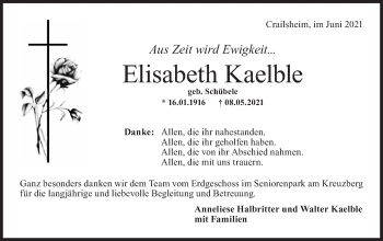 Traueranzeige von Elisabeth Kaelble von Hohenloher Tagblatt