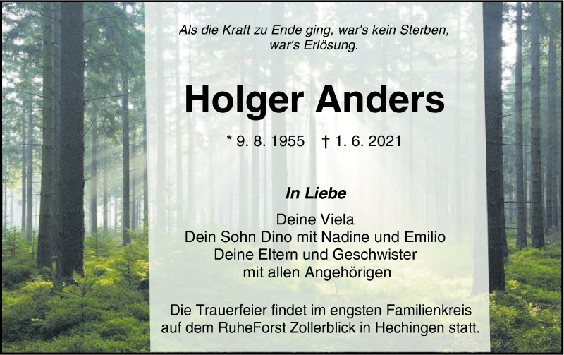  Traueranzeige für Holger Anders vom 05.06.2021 aus Metzinger-Uracher Volksblatt