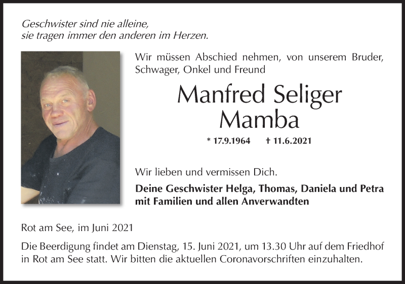 Traueranzeige für Manfred Seliger vom 15.06.2021 aus Hohenloher Tagblatt