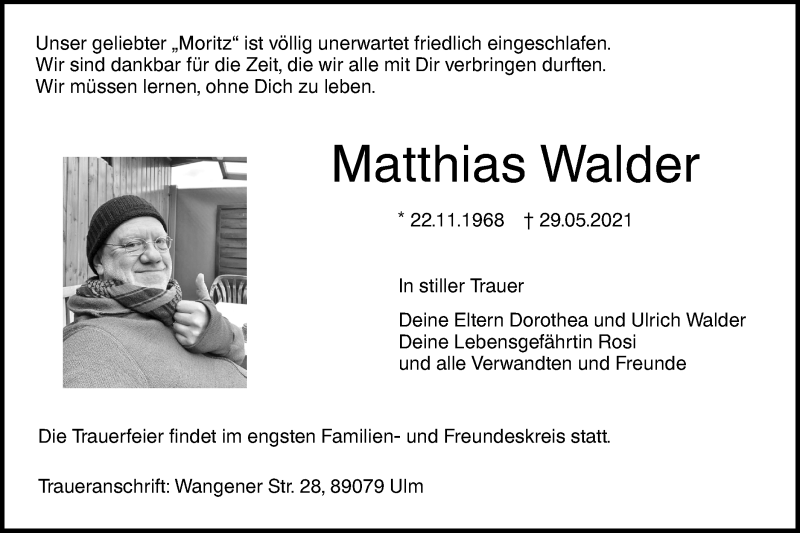  Traueranzeige für Matthias Walder vom 04.06.2021 aus SÜDWEST PRESSE Ausgabe Ulm/Neu-Ulm