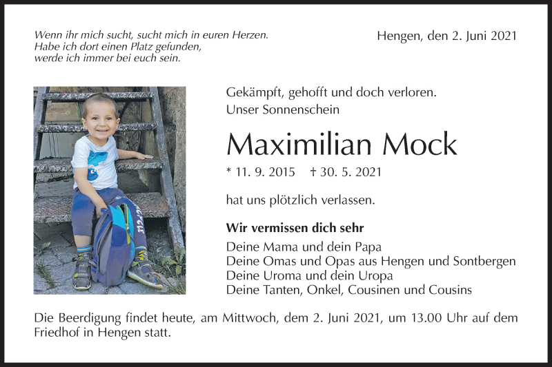  Traueranzeige für Maximilian Mock vom 02.06.2021 aus Alb-Bote/Metzinger-Uracher Volksblatt