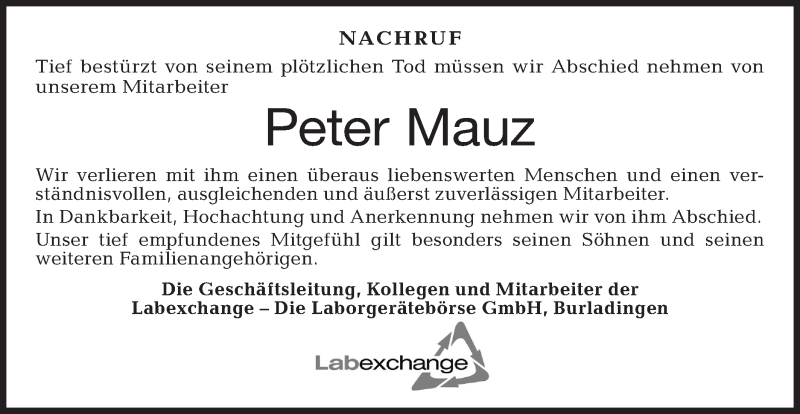  Traueranzeige für Peter Mauz vom 07.06.2021 aus Metzinger-Uracher Volksblatt