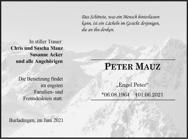  Traueranzeige für Peter Mauz vom 07.06.2021 aus Metzinger-Uracher Volksblatt