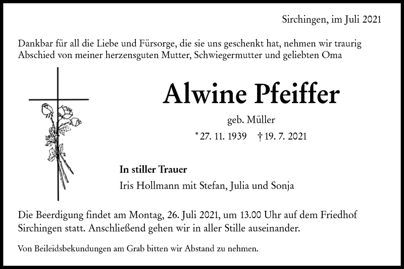  Traueranzeige für Alwine Pfeiffer vom 22.07.2021 aus Alb-Bote/Metzinger-Uracher Volksblatt