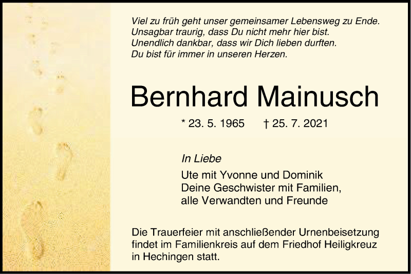  Traueranzeige für Bernhard Mainusch vom 28.07.2021 aus Metzinger-Uracher Volksblatt