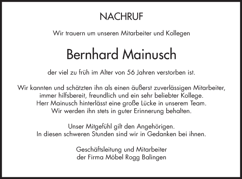  Traueranzeige für Bernhard Mainusch vom 31.07.2021 aus Metzinger-Uracher Volksblatt