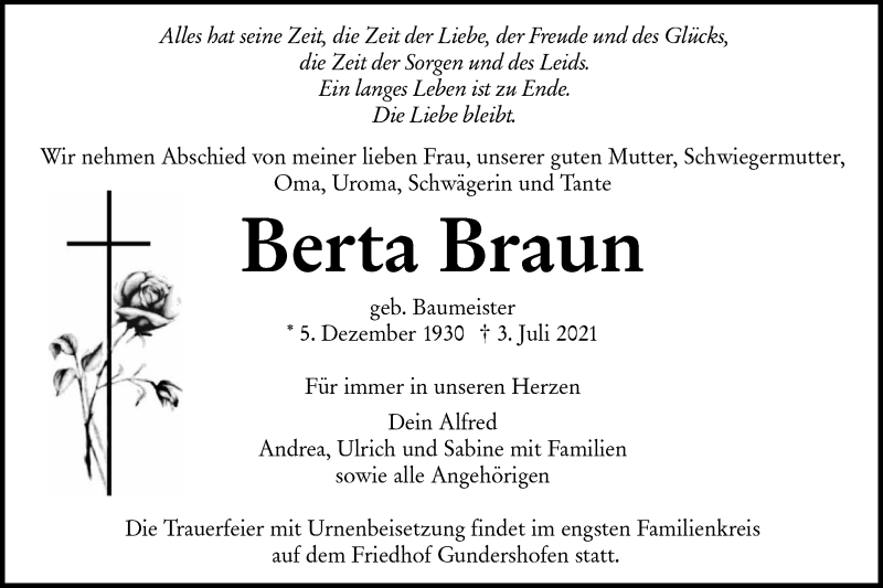  Traueranzeige für Berta Braun vom 09.07.2021 aus Metzinger-Uracher Volksblatt