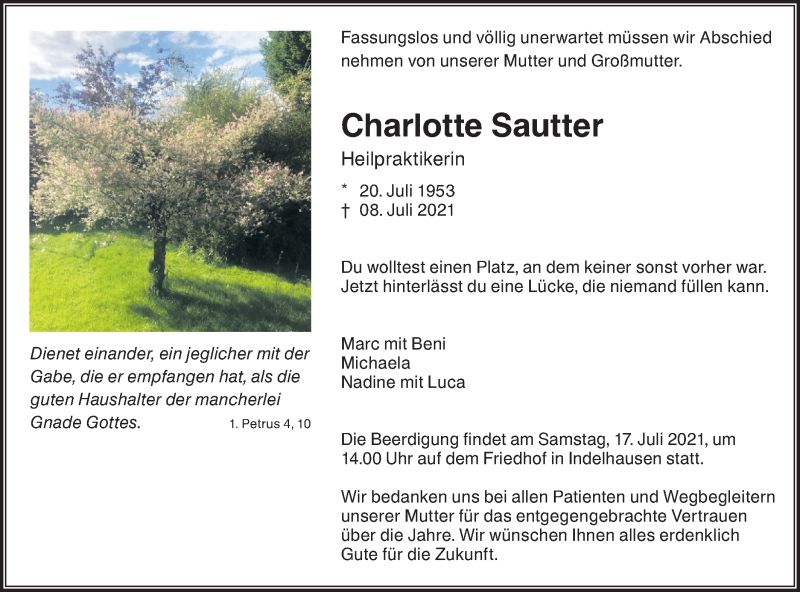  Traueranzeige für Charlotte Sautter vom 15.07.2021 aus Alb-Bote/Metzinger-Uracher Volksblatt
