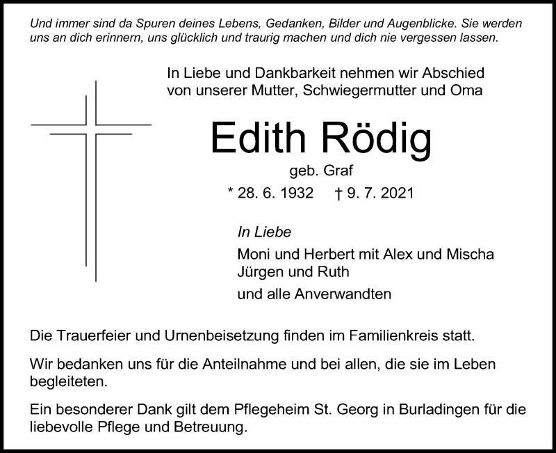 Traueranzeige für Edith Rödig vom 14.07.2021 aus Metzinger-Uracher Volksblatt