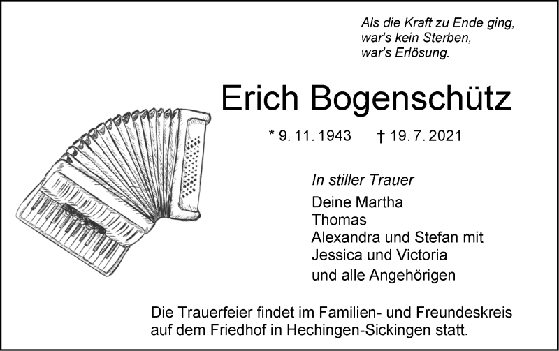  Traueranzeige für Erich Bogenschütz vom 22.07.2021 aus Metzinger-Uracher Volksblatt