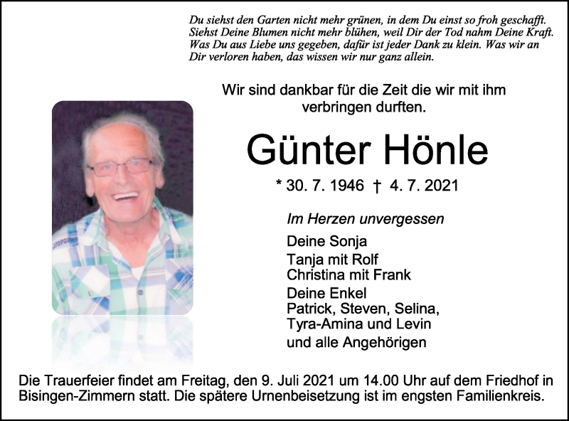  Traueranzeige für Günter Hönle vom 07.07.2021 aus Metzinger-Uracher Volksblatt