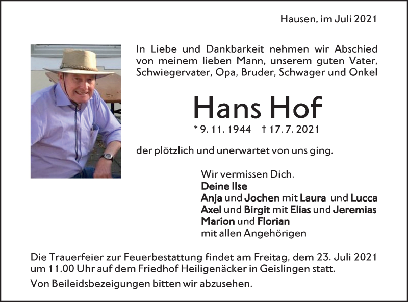  Traueranzeige für Hans Hof vom 21.07.2021 aus Geislinger Zeitung