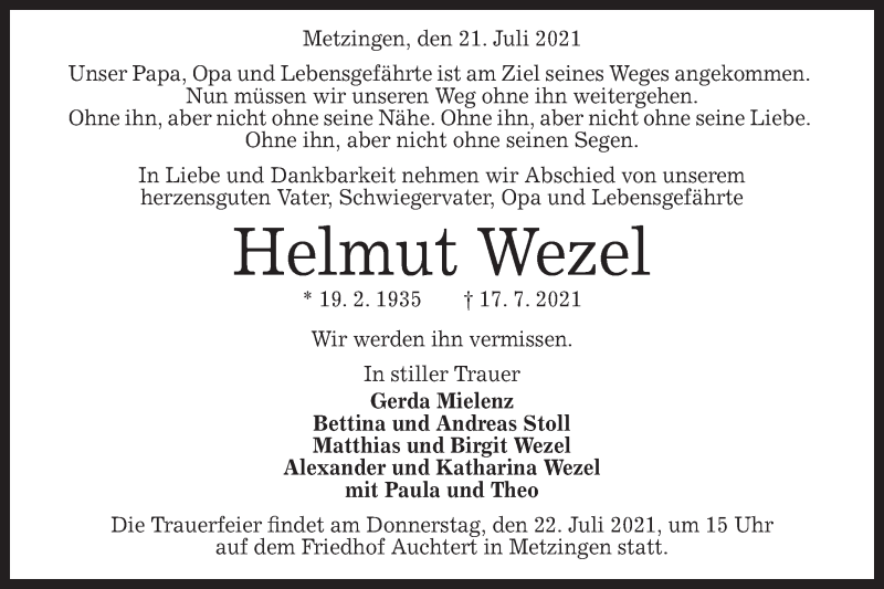  Traueranzeige für Helmut Wezel vom 21.07.2021 aus Metzinger-Uracher Volksblatt